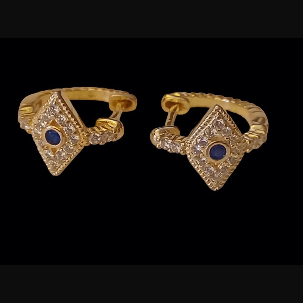 925 Sterling Silver Yellow Gold Vermeil CZ Evil Eye Huggie Hoop Earrings